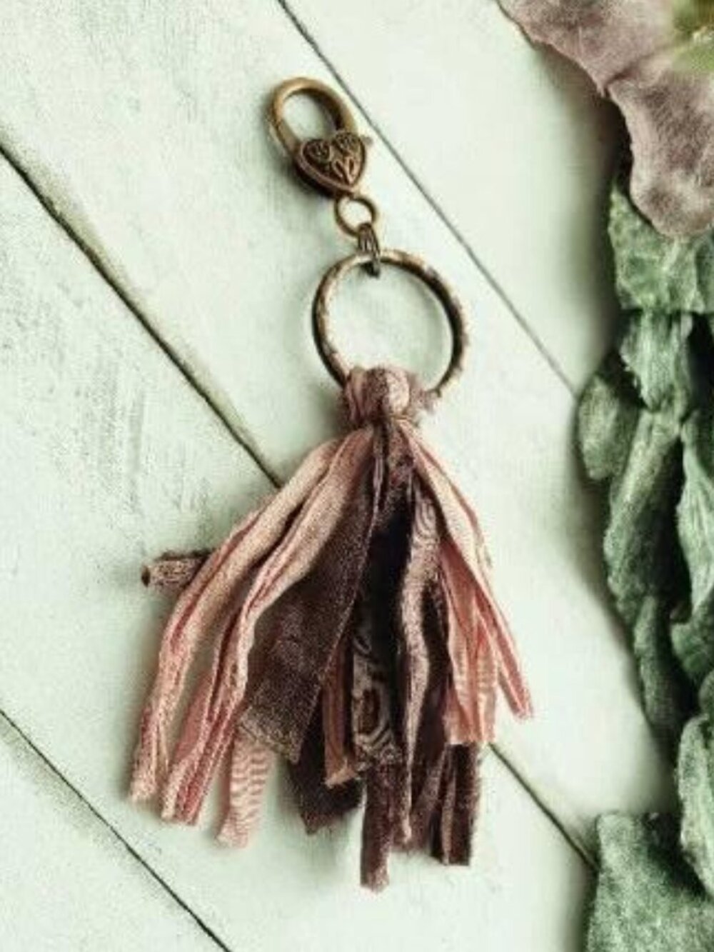 Boho Sari Silk Tassel Keychain Handmade Bronze Heart Purse Charm One Size Ring